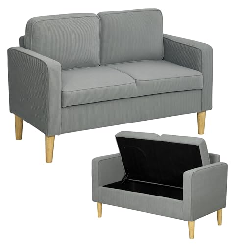 HOMCOM Sofa 2 Sitzer klein Couch mit Armlehne, Stauraum, modern Polstersofa mit Cordoptik, Holzbeine, Kissen, Loungesofa für Wohnzimmer, Schlafzimmer, 117 x 63 x 79 cm, Hellgrau von HOMCOM