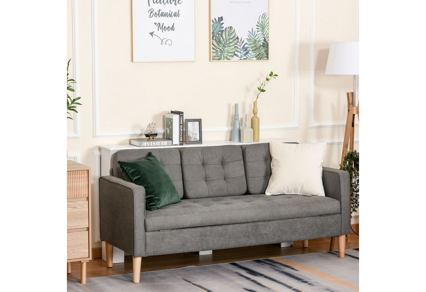 HOMCOM Sofa abnehmbar mit Kissen, aus Gummiholz, Einzelstück 1 Teile, Stauraum unter Sitzfläche von HOMCOM