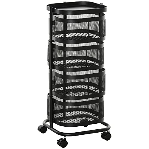 HOMCOM Speisewagen mit 4 Gitterkörben, Ablage und Lenkrollen, Stahl und PP-Kunststoff, 33x33x77cm, Schwarz von HOMCOM