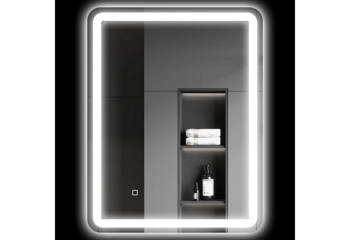 HOMCOM Spiegel 50 x 70 cm LED Badezimmerspiegel mit 3 Lichtfarben (Wandspiegel mit Touch-Schalter, Memory-Funktion, 1-St., Lichtspiegel mit Anti-Beschlag, IP44), 80 x 60 x 4 cm, Silber von HOMCOM