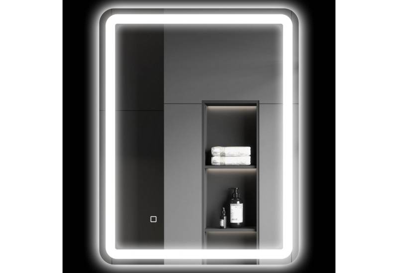 HOMCOM Spiegel 50 x 70 cm LED Badezimmerspiegel mit 3 Lichtfarben (Wandspiegel mit Touch-Schalter, Memory-Funktion, 1-St., Lichtspiegel mit Anti-Beschlag, IP44), 80 x 60 x 4 cm, Silber von HOMCOM
