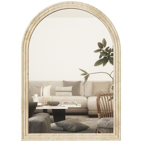 HOMCOM Spiegel in Bogenform mit geriffeltem Rand und Haken, Wandspiegel aus Glas und Polystyrol, 60 x 2 x 90 cm, Beige von HOMCOM