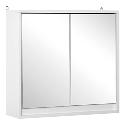 HOMCOM Spiegelschrank Badezimmerschrank Badschrank Hängeschrank Badmöbel mit 2 Ablagen Wandschrank Holz Weiß 48 x 14,5 x 45 cm von HOMCOM