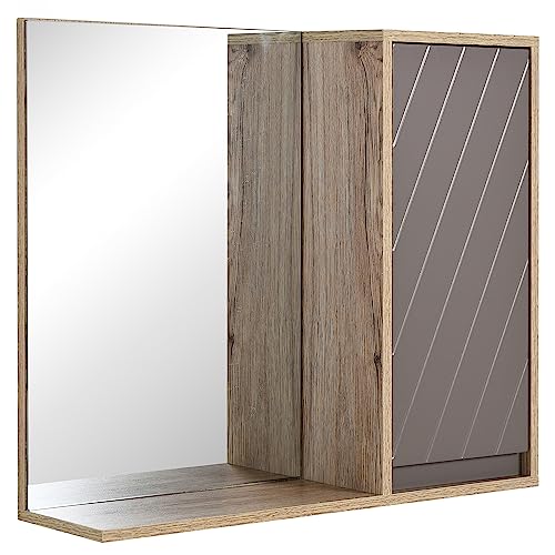 HOMCOM Spiegelschrank Badschrank Hängeschrank Badmöbel Wandschrank Mehrzweckschrank, Spanplatte+MDF, Grau+ Natur,57 x 14,2 x 49,2 cm von HOMCOM
