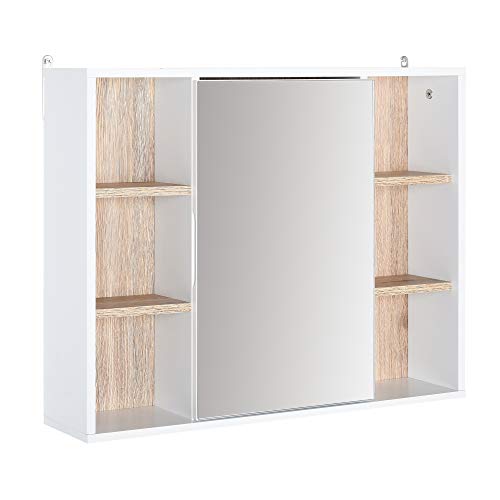 HOMCOM Spiegelschrank Badschrank Hängeschrank Wandschrank mit Spiegel Badmöbel Mehrzweckschrank mit 6 offenen Ablagen, Spanplatte+MDF, Weiß + Natur 60 x 14,5 x 49,4 cm HOMCOM Spiegelschrank Badschrank Hängeschrank Wandschrank mit Spiegel Badmöbel Mehrzweckschrank mit 6 offenen Ablagen, Spanplatte+MDF, Weiß + Natur 60 x 14,5 x 49,4 cm von HOMCOM