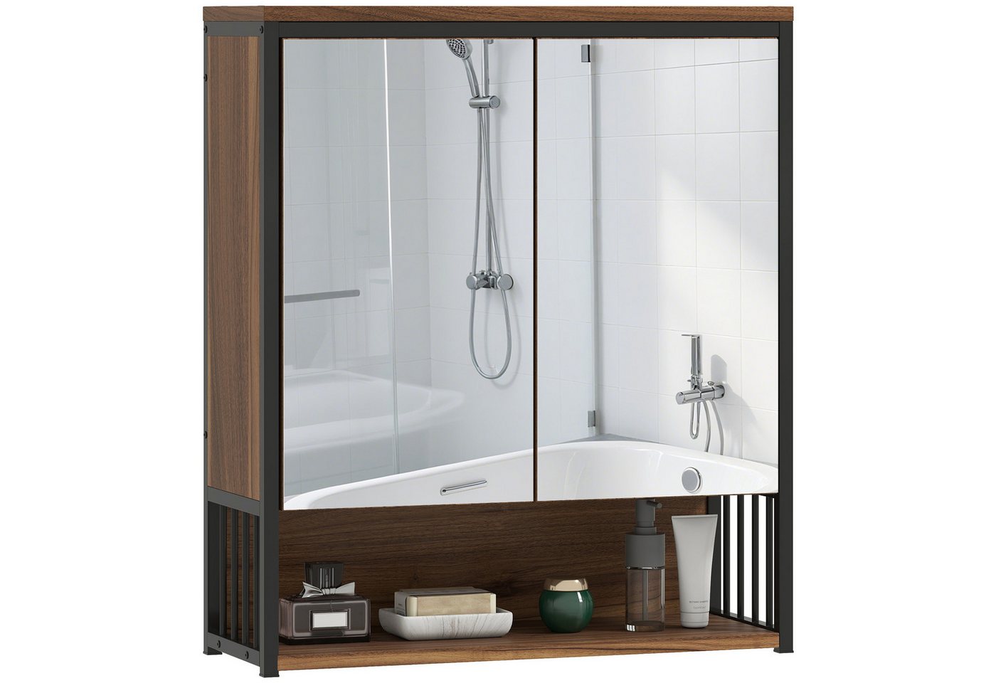 HOMCOM Spiegelschrank mit sanft schließender Tür (Badschrank, 1-St., Badezimmerschrank) mit offenen und geschlossenen Fächern, 56 x 20 x 65 cm, Braun von HOMCOM