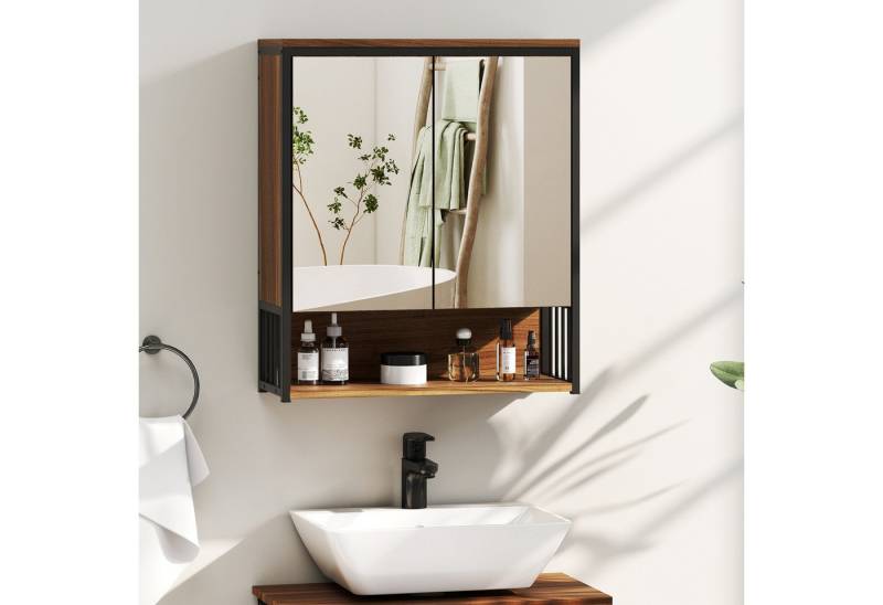 HOMCOM Spiegelschrank mit sanft schließender Tür (Badschrank, 1-St., Badezimmerschrank) mit offenen und geschlossenen Fächern, 56 x 20 x 65 cm, Braun von HOMCOM