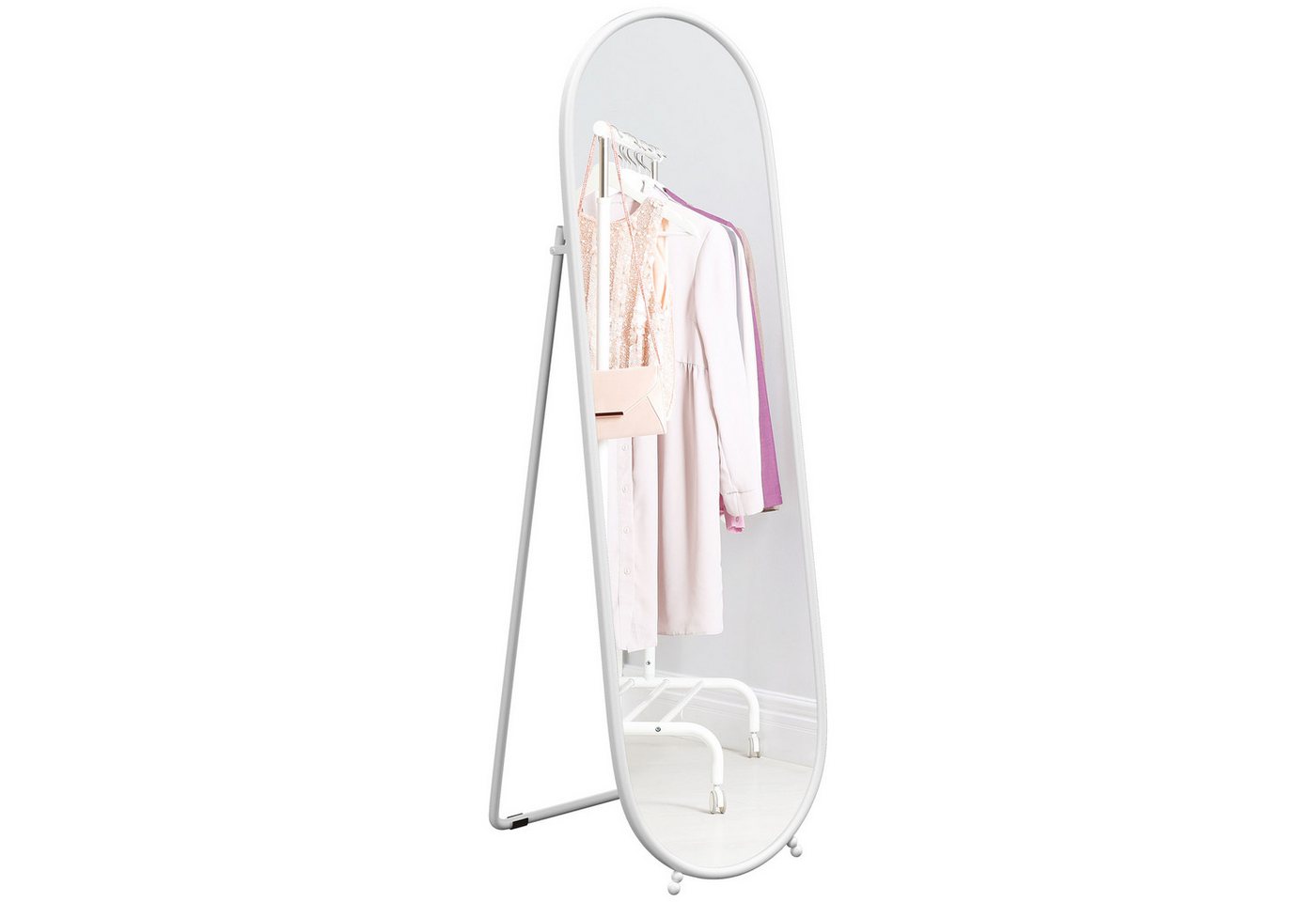 HOMCOM Standspiegel 160 x 40 cm Ganzkörperspiegel mit Ständer, Metallrahmen (Wandspiegel, 1-St., Oval), für Wohnzimmer, Schlafzimmer, Weiß von HOMCOM