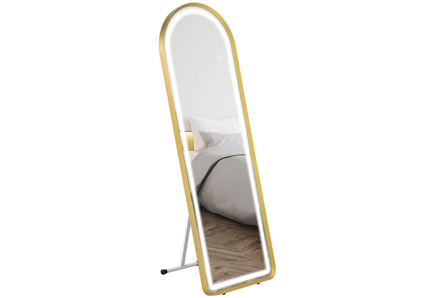 HOMCOM Standspiegel Ganzkörperspiegel, 47 x 146 cm Wandspiegel mit Ständer, LED-Leuchte (Lichtspiegel, 1-St., Garderobenspiegel), mit Touch-Schlater, für Wohnzimmer, Schlafzimmer, Gold von HOMCOM