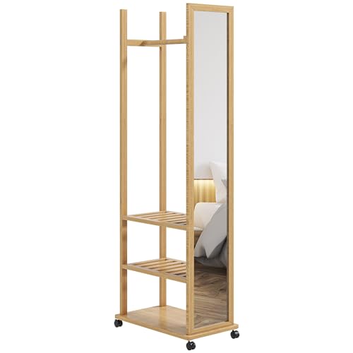 HOMCOM Standspiegel mit Rollen, Spiegel mit Ständer und Regal, mehrere Fächer, für Schlafzimmer, Eingangsbereich, aus Holz, Farbe Natur von HOMCOM