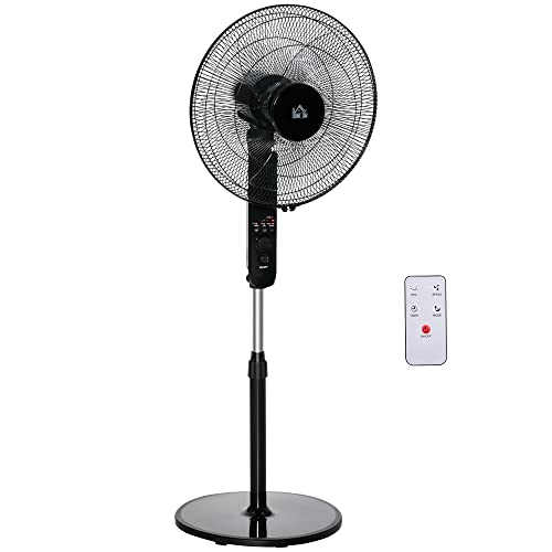 HOMCOM Standventilator mit Fernbedienung, Ventilator, Höhenverstellbarer Lüfter, 3 Geschwindigkeitsstufen, Verstellbarer Neigungswinkel, Metall, Schwarz, Ø44,5 x H110-124 cm von HOMCOM