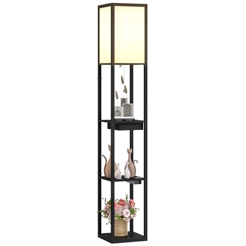 HOMCOM Stehlampe, Stehleuchte mit 3 Fächern, E27 Sockel, Standlampe mit Stoff-Lampenschirm, USB-A, USB-C Anschlüssen für Wohnzimmer, Weiß+Schwarz, exkl. Glühbirne von HOMCOM