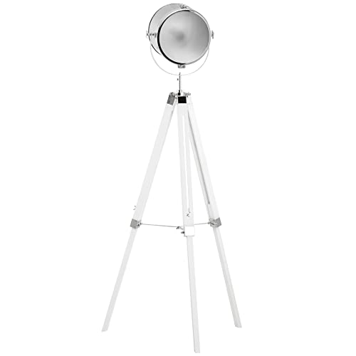 HOMCOM Stehlampe Stehleuchte mit Dreibein Stativ aus Holz 100-140 cm höhenverstellbar mit 180° Drehbarem Lampenkopf Caféleuchte Studiolampe Industrial Design Tripod Lampe 40W Weiß Stahl Kiefernholz von HOMCOM