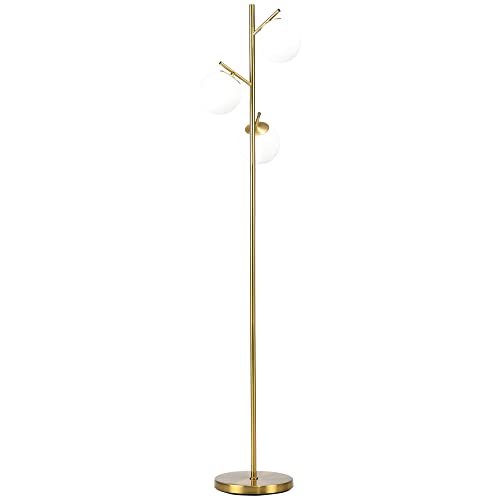 HOMCOM Stehleuchte, Stehlampe, 40 W Standlampe mit E27 Fassung, Standleuchte mit 3 Lampenschirmen aus Glas, für Wohnzimmer, Höhe 169 cm, Metall, exkl. Glühbirne, Gold von HOMCOM
