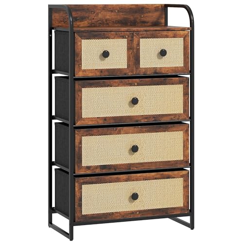 HOMCOM Stoff Kommode Schlafzimmer Kommode mit 5 Schubladen mit Rattan Fronten und Stahlrahmen Wohnzimmer Organizer 58x29x99 cm Rustic Brown HOMCOM Stoff Kommode Schlafzimmer Kommode mit 5 Schubladen mit Rattan Fronten und Stahlrahmen Wohnzimmer Organizer 58x29x99 cm Rustic Brown von HOMCOM