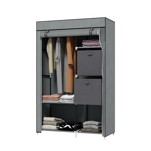 HOMCOM Stoffschrank, Faltschrank mit Schubladen, Kleiderschrank mit Kleiderstange, Reißverschluss, Garderobe für Schlafzimmer, Vliesstoff, Dunkelgrau, 102 x 42,5 x 162,5 cm von HOMCOM