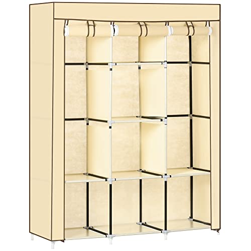 HOMCOM Stoffschrank, Kleiderschrank mit Kleiderstangen, 8 Ebenen, Faltschrank, Faltbare Garderobe für Schlafzimmer, Flur, Vliesstoff, Beige, 125 x 43 x 162,5 cm von HOMCOM