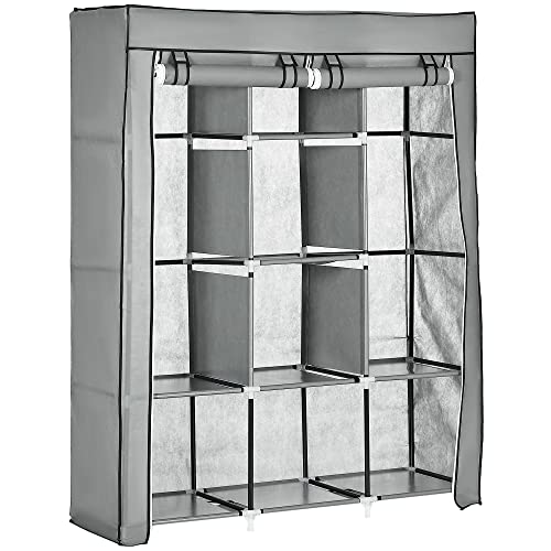 HOMCOM Stoffschrank, Kleiderschrank mit Kleiderstangen, 8 Ebenen, Faltschrank, Faltbare Garderobe für Schlafzimmer, Flur, Vliesstoff, Hellgrau, 125 x 43 x 162,5 cm von HOMCOM