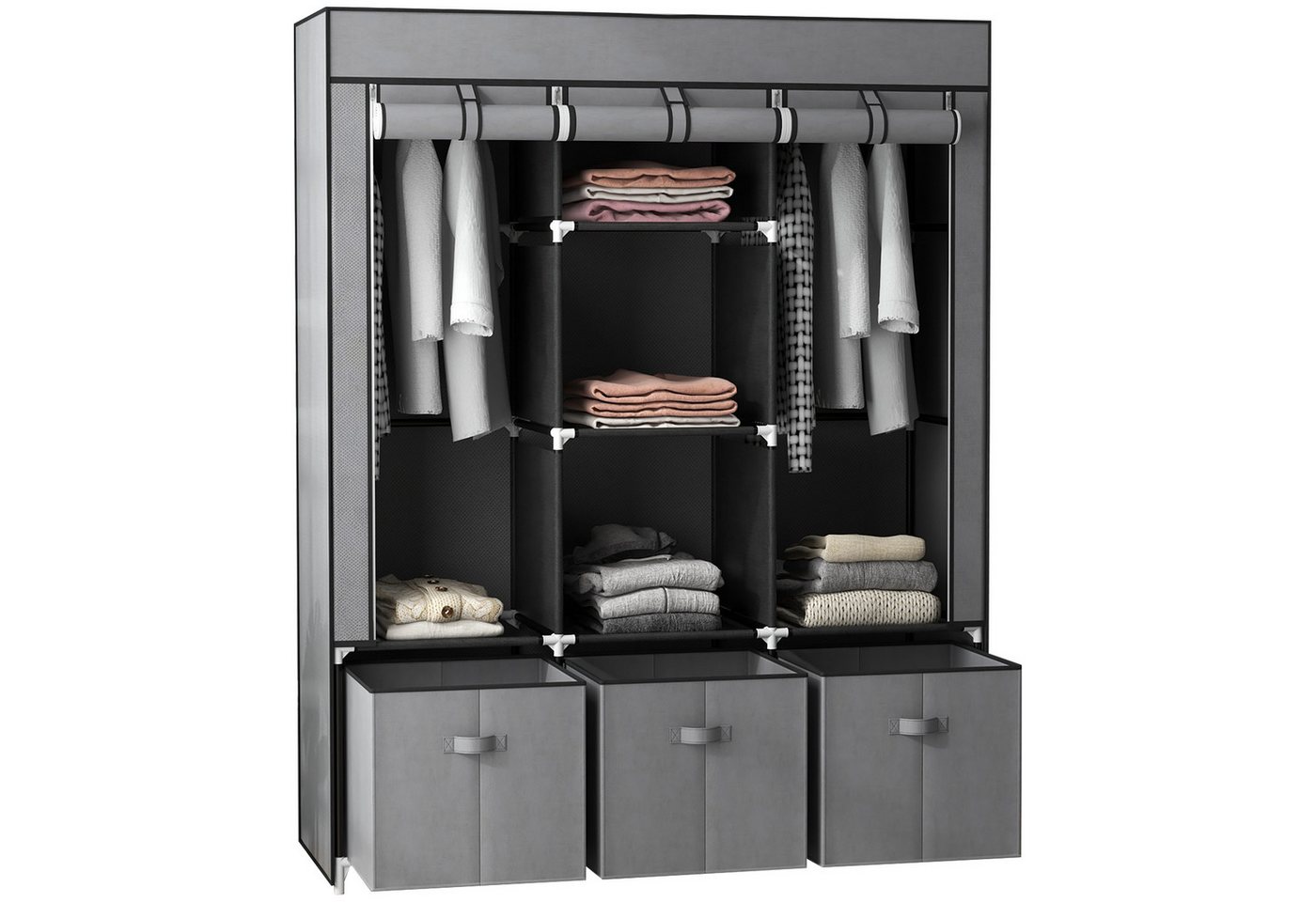 HOMCOM Stoffschrank Kleiderschrank mit Kleiderstangen und Schubladen (Faltbare Garderobe, 1-St., Faltschrank) Dunkelgrau, 125 x 43 x 162,5 cm von HOMCOM