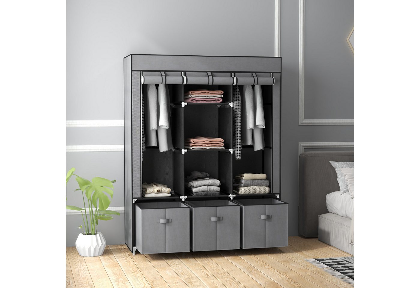 HOMCOM Stoffschrank Kleiderschrank mit Kleiderstangen und Schubladen (Faltbare Garderobe, 1-St., Faltschrank) Dunkelgrau, 125 x 43 x 162,5 cm von HOMCOM