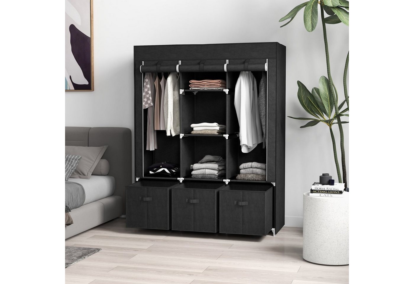 HOMCOM Stoffschrank Kleiderschrank mit Kleiderstangen und Schubladen (Faltbare Garderobe, 1-St., Faltschrank) Schwarz, 125 x 43 x 162,5 cm von HOMCOM