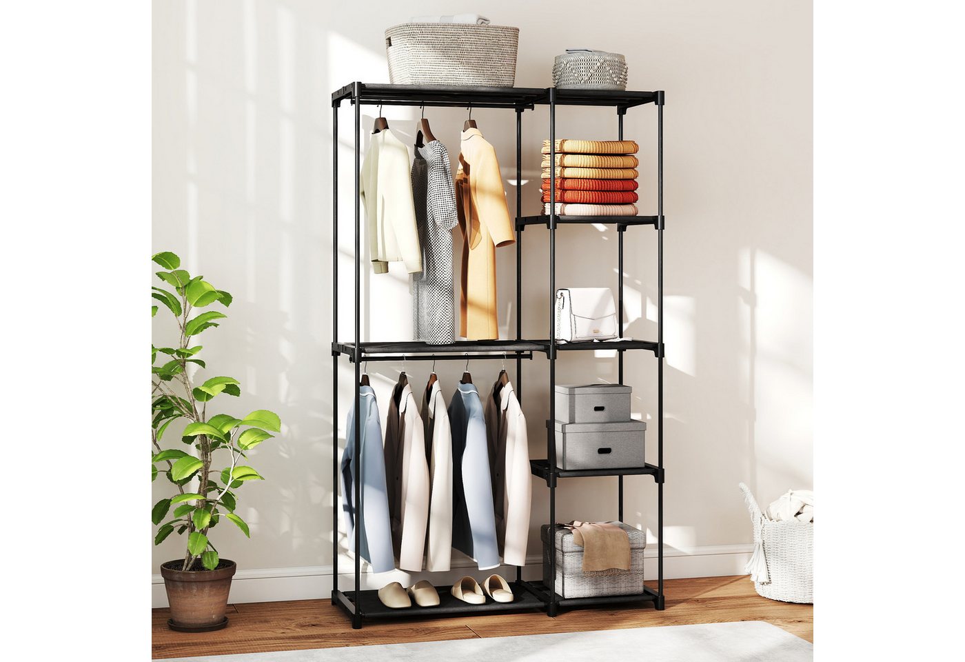 HOMCOM Stoffschrank mit Kleiderstange, Ablagen (Kleiderschrank, 1-St., Stoffkleiderschrank) für Schlafzimmer, Ankleidezimmer, 111 x 43 x 185 cm, Schwarz von HOMCOM