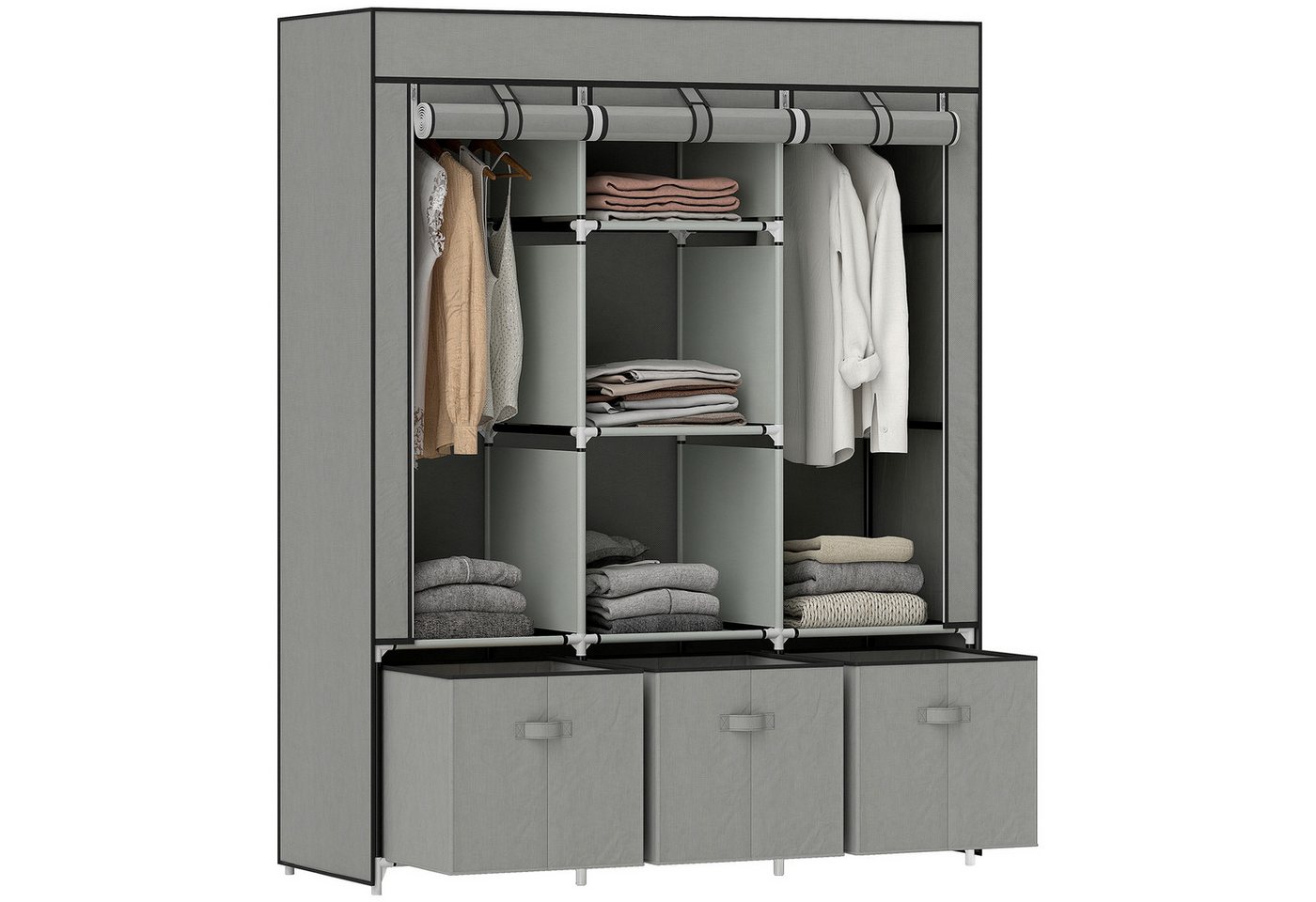 HOMCOM Stoffschrank mit Kleiderstangen, Schubladen, Reißverschluss (faltbarer Kleiderschrank, 1-St., Faltschrank) für Schlafzimmer, Hellgrau, 125 x 43 x 162,5 von HOMCOM