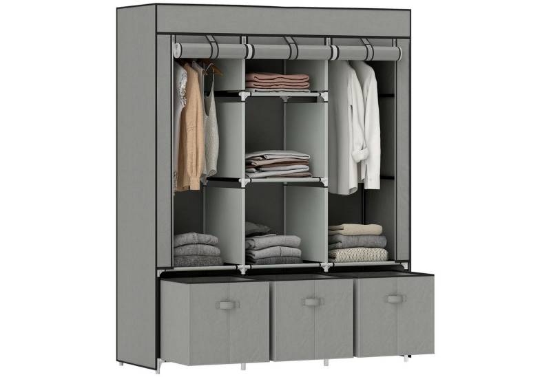 HOMCOM Stoffschrank mit Kleiderstangen, Schubladen, Reißverschluss (faltbarer Kleiderschrank, 1-St., Faltschrank) für Schlafzimmer, Hellgrau, 125 x 43 x 162,5 von HOMCOM