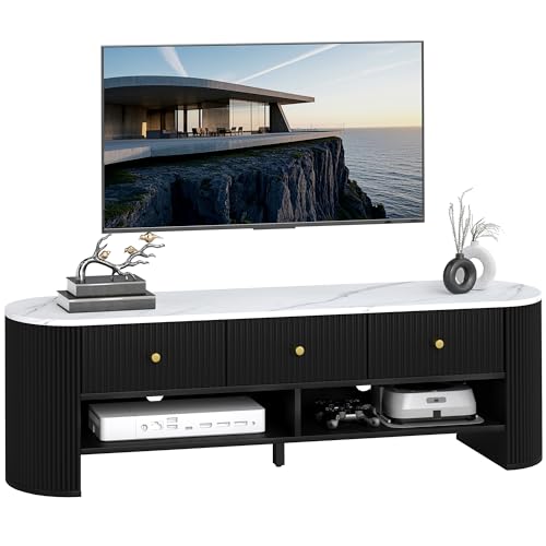HOMCOM TV-Bank 140 cm, TV-Möbel für 32-65 Zoll (32-65 Zoll), Marmoreffekt, mit 3 Schubladen geriffelten Fronten, 2 offenen Regalen und 2 Kabellöchern, moderne TV-Bank, Schwarz von HOMCOM