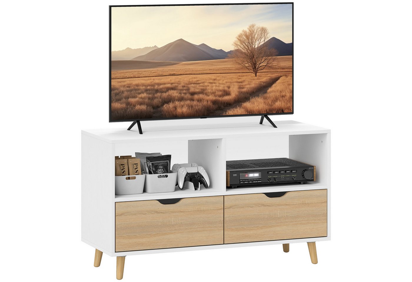 HOMCOM TV-Board TV Schrank Lowboard mit 2 Ablage, Schublade, 99 cm lang (TV Board, 1 St., Fernsehtisch), für Wohnzimmer, Weiß von HOMCOM