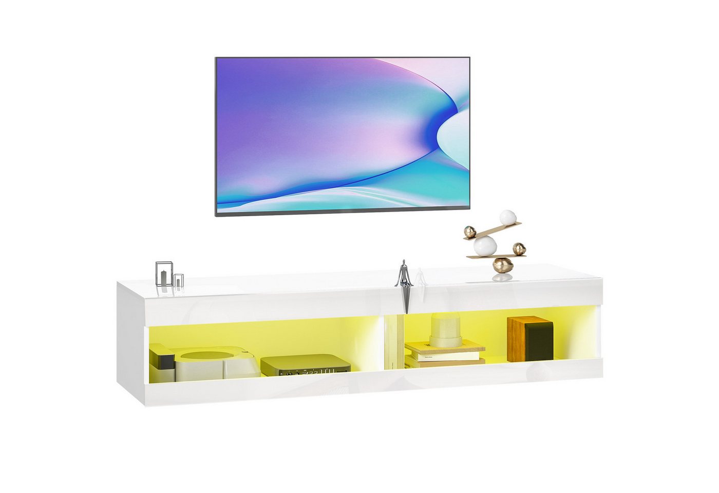 HOMCOM TV-Board mit RGB LED-Beleuchtung (16 Farben) (Hängender TV Schrank, 1 St., TV Lowboard), mit offenen Stauraum, für 55-60 Zoll Fernseher, Hochglanzweiß von HOMCOM