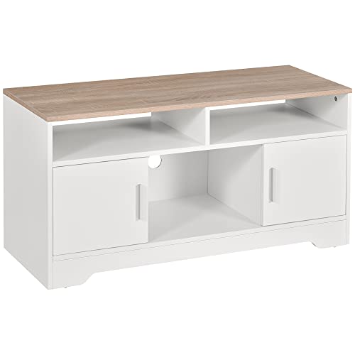 HOMCOM TV-Lowboard Fernsehschrank TV-Bank mit 2 Schränken und 3 offenen TV-Kommode bis zu 50 Zoll Fernsehtisch Unterschrank Kabelführungsöffnung Spanplatte Weiß+Naturholz 105 x 40 x 52 cm von HOMCOM