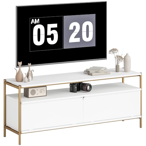 HOMCOM TV-Möbel TV-Möbel für Fernseher bis 55 Zoll mit 2 Klapptüren und offenem Regal, Stahlrahmen, Moderne TV-Bank für Wohnzimmer Schlafzimmer, 124 x 35 x 50 cm, weiß von HOMCOM