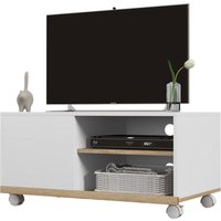 HOMCOM TV-Möbel auf Rollen mit 2 Bremsen - 2 Fächer + Schranktür 2 Kabeldurchführungen - Spanplatten Weiß hell Eiche   Aosom von HOMCOM