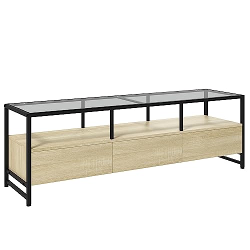 HOMCOM TV-Schrank, Fernsehschrank mit 3 Schränken, TV Board mit Offenem Fach, TV Bank, TV Lowboard Fernsehtisch für TV-Geräte bis zu 65", Stahl, Eiche 148 x 40 x 47 cm von HOMCOM