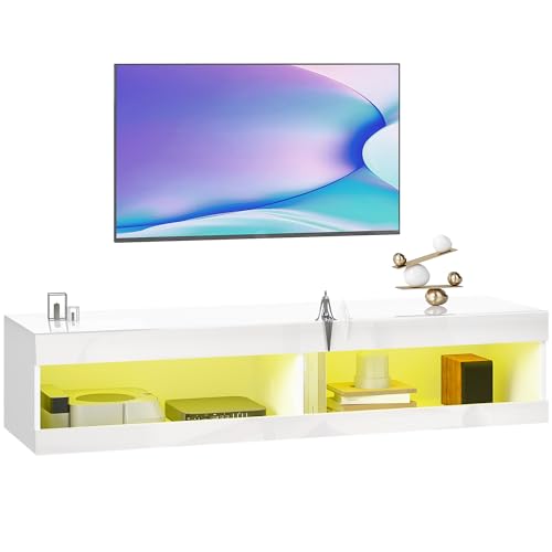 HOMCOM TV Schrank, Hängendes TV Lowboard mit RGB LED-Beleuchtung in 16 Farben, TV Ständer mit offenen Stauraum, für 55-60 Zoll Fernseher, für Wohnzimmer, Schlafzimmer, 140 x 40 x 30 cm, Hochglanzweiß von HOMCOM