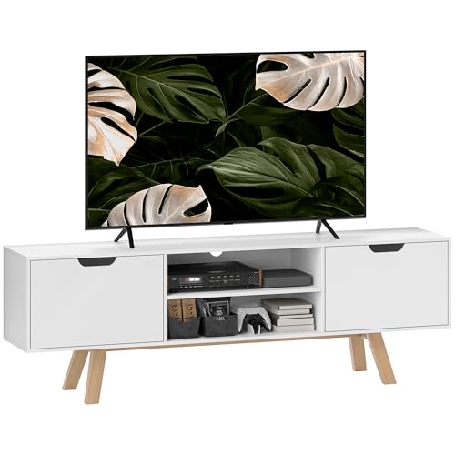 HOMCOM TV-Schrank, Fernsehtisch für Fernseher bis zu 65 Zoll, Lowboard mit 2 Schränken und 2 Regalebenen, Fernsehschrank für Wohnzimmer, 150 x 39 x 50 cm Weiß von HOMCOM