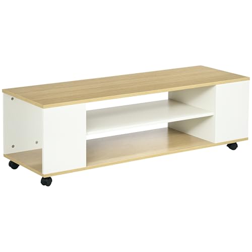 HOMCOM TV-Schrank, TV Lowboard mit Rollen, Fernsehtisch mit 2 Offenen Fächern, Fernsehschrank für TV-Geräte bis zu 55 Zoll, TV Board für Wohnzimmer, Weiß+Natur 120 x 40 x 38,5 cm HOMCOM TV-Schrank, TV Lowboard mit Rollen, Fernsehtisch mit 2 Offenen Fächern, Fernsehschrank für TV-Geräte bis zu 55 Zoll, TV Board für Wohnzimmer, Weiß+Natur 120 x 40 x 38,5 cm von HOMCOM