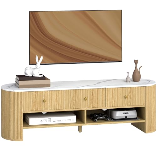 HOMCOM TV-Schrank 140 cm, TV-Möbel für 32-65 Zoll Fernseher, Marmoroptik, mit 3 Schubladen mit Rillenfronten, 2 offenen Regalen und 2 Kabellöchern, moderne TV-Bank, Naturholzoptik von HOMCOM