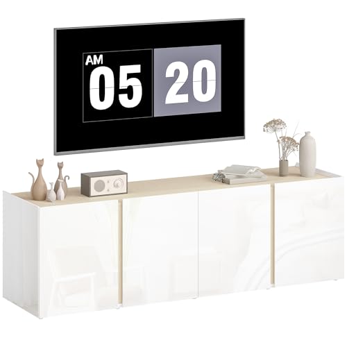 HOMCOM TV Schrank Lowboard für Fernseher bis zu 65 Zoll, 135 cm lang Hochglanz Fernsehtisch mit Verstellbaren Ablagen, Kabelmanagement, 4 Soft-Close-Türen für Wohnzimmer Weiß von HOMCOM