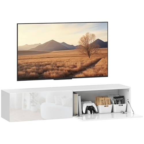 HOMCOM TV Schrank hängend TV Board 140 cm für Fernseher bis zu 65 Zoll Lowboard Fernsehtisch mit Stauraum Fernsehschrank für Wohnzimmer Hochglanz Weiß von HOMCOM