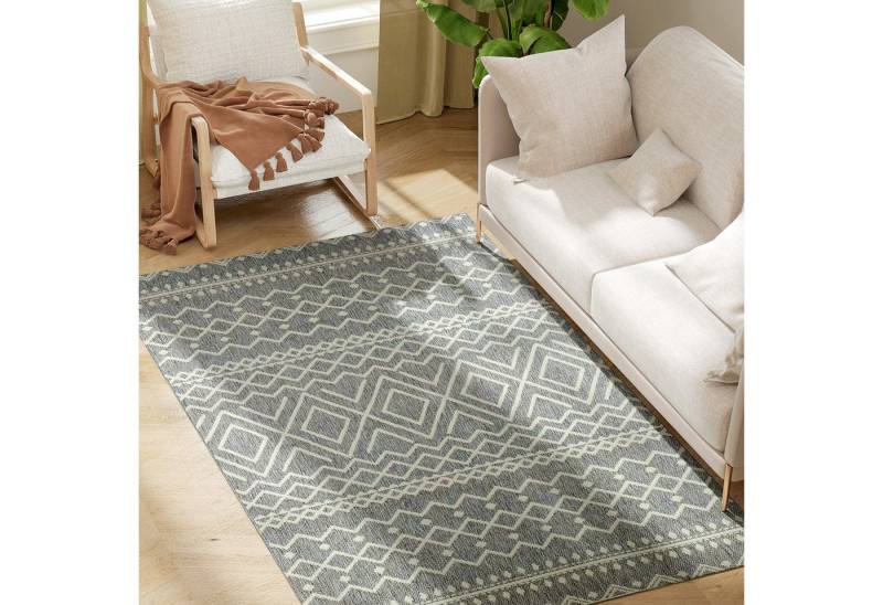 HOMCOM Teppich Bohoteppich, allergikerfreundlicher Bodenteppich für Indoor, Outdoor, Rechteckig, Höhe: 10 mm, 170 x 120 cm, Grau von HOMCOM