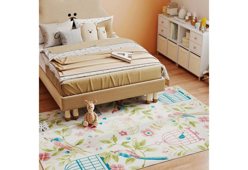 HOMCOM Teppich maschinenwaschbarer Wohnzimmerteppich rutschfester Flächenteppich, Rechteckig, Höhe: 7 mm, für Schlafzimmer, Wohnzimmer, Cremeweiß+Rosa von HOMCOM