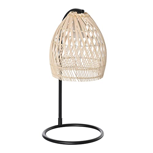 HOMCOM Tischlampe, Tischleuchte mit Rattan-Lampenschirm, Nachttischlampe aus Metallrahmen im Boho-Stil, E27, max. 40 W, Schreibtischlampe für Schlafzimmer, Wohnzimmer, Natur+Schwarz von HOMCOM