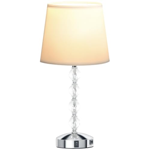 HOMCOM Tischlampe LED Tischleuchte USB Aufladbar, Kristall Nachttischlampe, Lampensockel E27, für Wohnzimmer Schlafzimmer, Glas, Silber 23 x 23 x 45 cm von HOMCOM