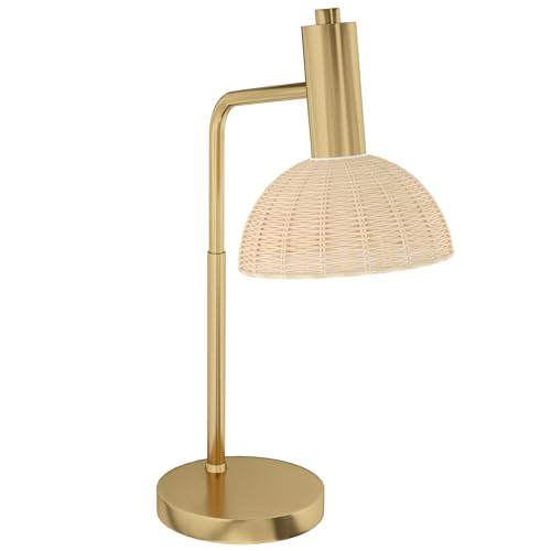 HOMCOM Tischleuchte, Tischlampe mit E14 Fassung, Nachttischlampe mit Rattan-Lampenschirm, 40 W Schreibtischlampe für Schlafzimmer, Wohnzimmer, Natur+Bronze, inkl. LED-Birne von HOMCOM