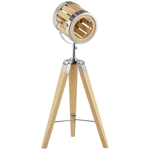 HOMCOM Tischleuchte 40 W Tischlampe Stativlampe mit E14 Sockel Stativ Nachttischlampe mit Dreibein und verstellbarem Holzlampenschirm Tripodlampe Stahl Natur 30 x 30 x 68 cm von HOMCOM