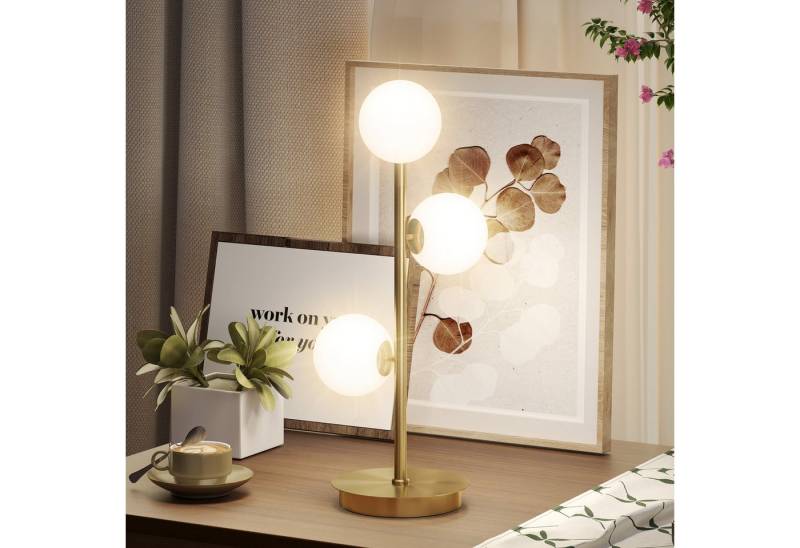 HOMCOM Tischleuchte mit 3 Kugelschirmen, stabilem Stahlfuß, G9-Fassungen, ohne Leuchtmittel, Leselampe für Schlafzimmer, Wohnzimmer, Messing von HOMCOM