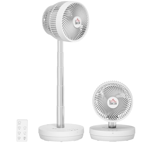 HOMCOM Tischventilator mit Fernbedienung und wiederaufladbarem Akku, tragbarer, USB-betriebener Standventilator mit verstellbarer Neigung und Höhe, oszillierend, 10 Geschwindigkeiten und Timer weiß von HOMCOM