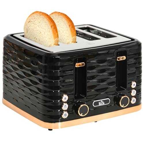 HOMCOM Toaster 4 Scheiben mit 7 Stufen, Auftaufunktion, Liftfunktion, Krümelschublade 1860 W Schwarz von HOMCOM